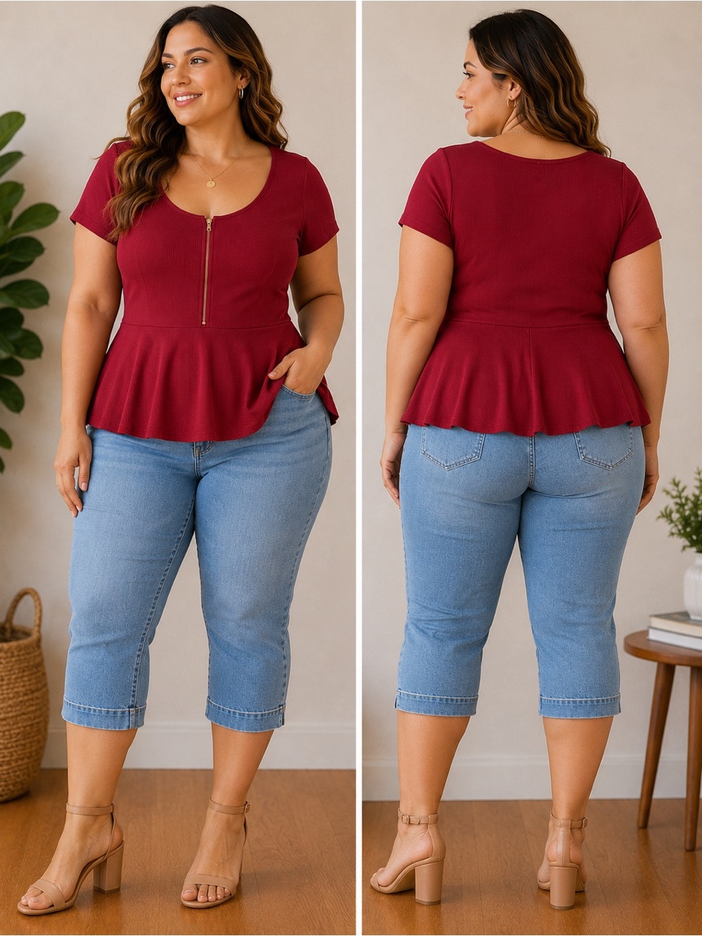 Red Ribbed Zip Front Peplum Top | Size 1X | Short Sleeve | Stretch Knit | Flowy